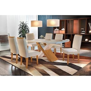 Conjunto: Mesa de Cozinha Imperatriz Tampo Madeirado c/ Vidro Canto Reto 180x90cm e 6 Cadeiras Lunara Imbuia/Off White - Suede Creme - Rufato