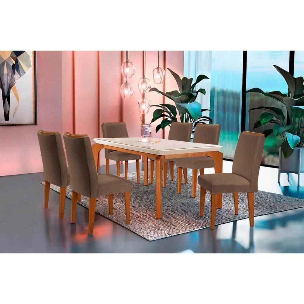 Conjunto: Mesa de Cozinha Londrina Tampo Madeirado c/ Vidro 180x90cm e 6 Cadeiras Lunara Imbuia/Suede Capuccino - Rufato