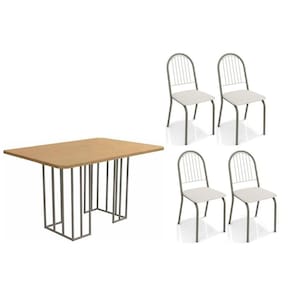 Conjunto: Mesa de Cozinha Duina c/ Tampo de Madeira 136cm e 4 Cadeiras Noruega Niquel/Freijo - Courano Branco - Kappesberg