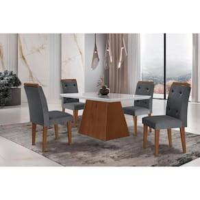 Conjunto: Mesa de Cozinha Luna c/ Tampo Madeirado c/ Vidro Canto Curvo 120x80cm e 4 cadeiras Imperatriz Imbuia/Off White - Suede Grafite - Rufato