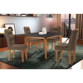 Conjunto: Mesa de Cozinha Londrina c/ Tampo Madeirado c/ Vidro Canto Curvo 120x80cm e 4 cadeiras Imperatriz Imbuia/Grafite - Suede Capuccino - Rufato