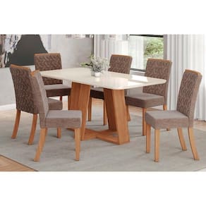 Conjunto: Mesa de Cozinha Lins c/ Tampo Madeirado c/ Vidro Curvo 180x90cm e 6 Cadeiras Esther Nature/Linho Cacao - Henn