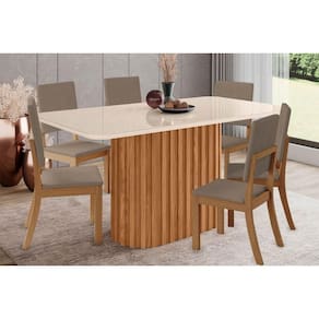 Conjunto: Mesa de Cozinha Solana SC68 Tampo Madeirado c/ Vidro Canto Curvo 160x90cm e 6 Cadeiras Milla Nature/Suede Light Marrom Amêndoa - Henn