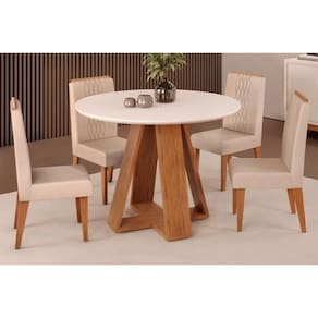 Conjunto: Mesa Sala Jantar Celeste Tampo Madeirado c/ Vidro Redondo 103x103cm e 4 Cadeiras Lia Freijo/Off White - Suede Kraft - DJ Móveis