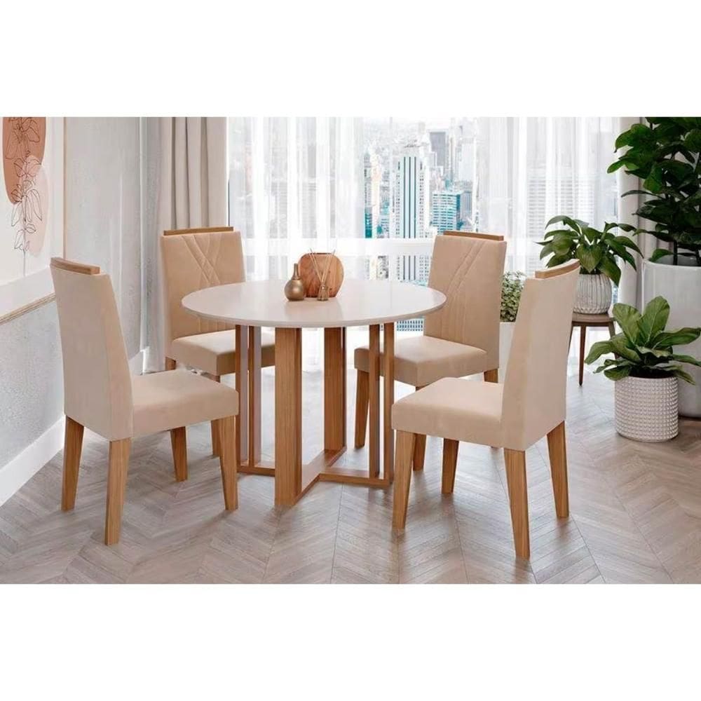 Conjunto: Mesa de Cozinha Flora c/ Tampo Madeirado 109cm e 4 Cadeiras Nicole Cinamomo/Off White - Savana/Nature-Suede Nude - Cimol