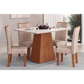 Conjunto: Mesa de Cozinha Dulce Tampo Madeirado c/ Vidro Reto 180x90cm e 4 Cadeiras Zoe Freijo/Off White - Suede Creme - DJ Móveis