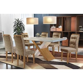 Conjunto: Mesa de Cozinha Imperatriz Tampo Madeirado c/ Vidro Canto Reto 180x90cm e 6 Cadeiras Imperatriz Imbuia/Suede Capuccino - Rufato