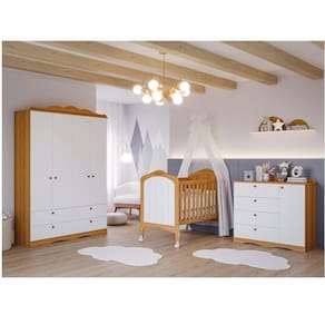 Quarto de Bebê 3 Peças com Berço e Cômoda 4 Gavetas e Guarda-roupa 4 Portas 4 Gavetas Aquarela Espre Nature/Branco