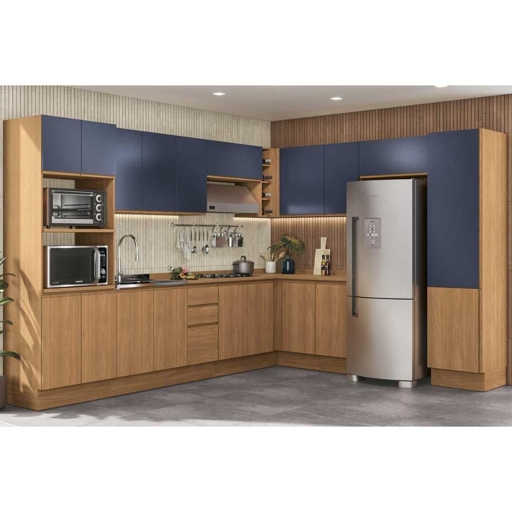 Kit de Cozinha Completa 14 Peças Ciela 1 (5Aéreos+4Balcões+2Paneleiros+3Complementos) C14P80 Canela/Azul Profundo - Kappesberg