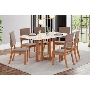 Conjunto: Mesa de Cozinha Natalí c/ Tampo Madeirado c/ Vidro Reto 160x90cm e 6 Cadeiras Milla Nature/Suede Light Marrom Amêndoa - Henn