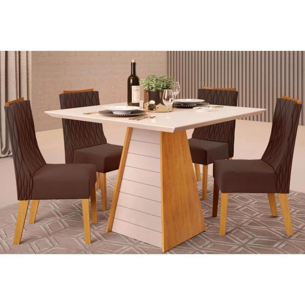 Conjunto: Mesa de Cozinha Fler Tampo Madeirado c/ Vidro 90x90cm e 4 Cadeiras Jade Cedro/Off White - Suede Moca - DJ Móveis