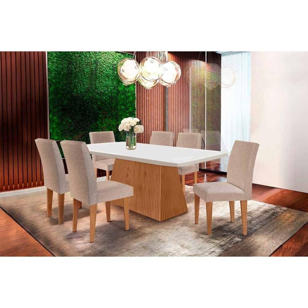 Conjunto: Mesa de Cozinha Luna Tampo Madeirado Canto Curvo 180x90cm e 6 Cadeiras Grécia Capuccino/Linho Bege Turim - Rufato