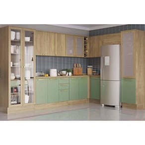 Kit Cozinha Modulada 12 Peças Botanic 1 (4Aéreos+3Balcões+2Paneleiros+3Complementos) M647 Nogueira/Verde Oliva-Kappesberg