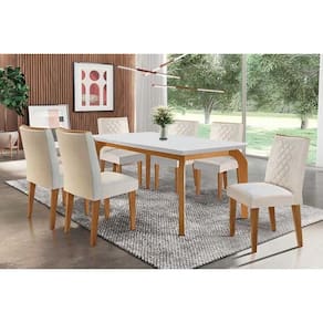 Conjunto: Mesa de Cozinha Londrina c/ Tampo Madeirado Canto Reto 180x90cm e 6 cadeiras Jade Imbuia-Capuccino/Suede Creme - Rufato
