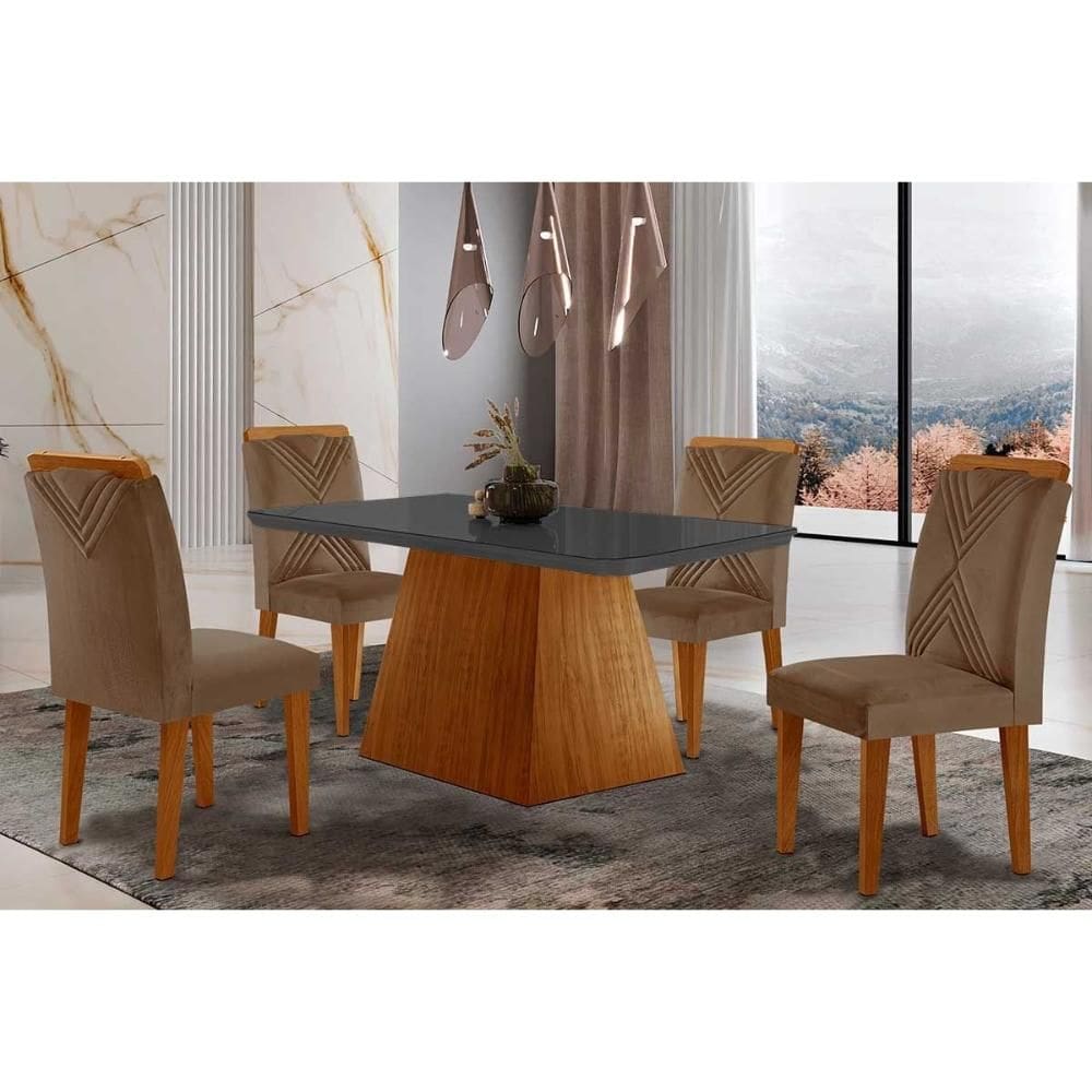 Kit 4 Cadeiras de Cozinha Luna Tampo Madeirado c/ Vidro Canto Curvo 120x80 e 4 Cadeiras Amsterdã Imbuia/Suede Capuccino - Rufato