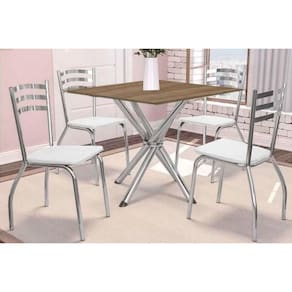 Conjunto: Mesa Sala Jantar Volga c/ Tampo de Madeira 90cm e 4 Cadeiras Portugal Cromada/Nogueira - Branco - Kappesberg
