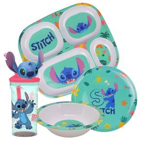 Jogo Refeição Infantil Melamina Stitch Disney 4 Peças Incluso Copo 3D - Tuut