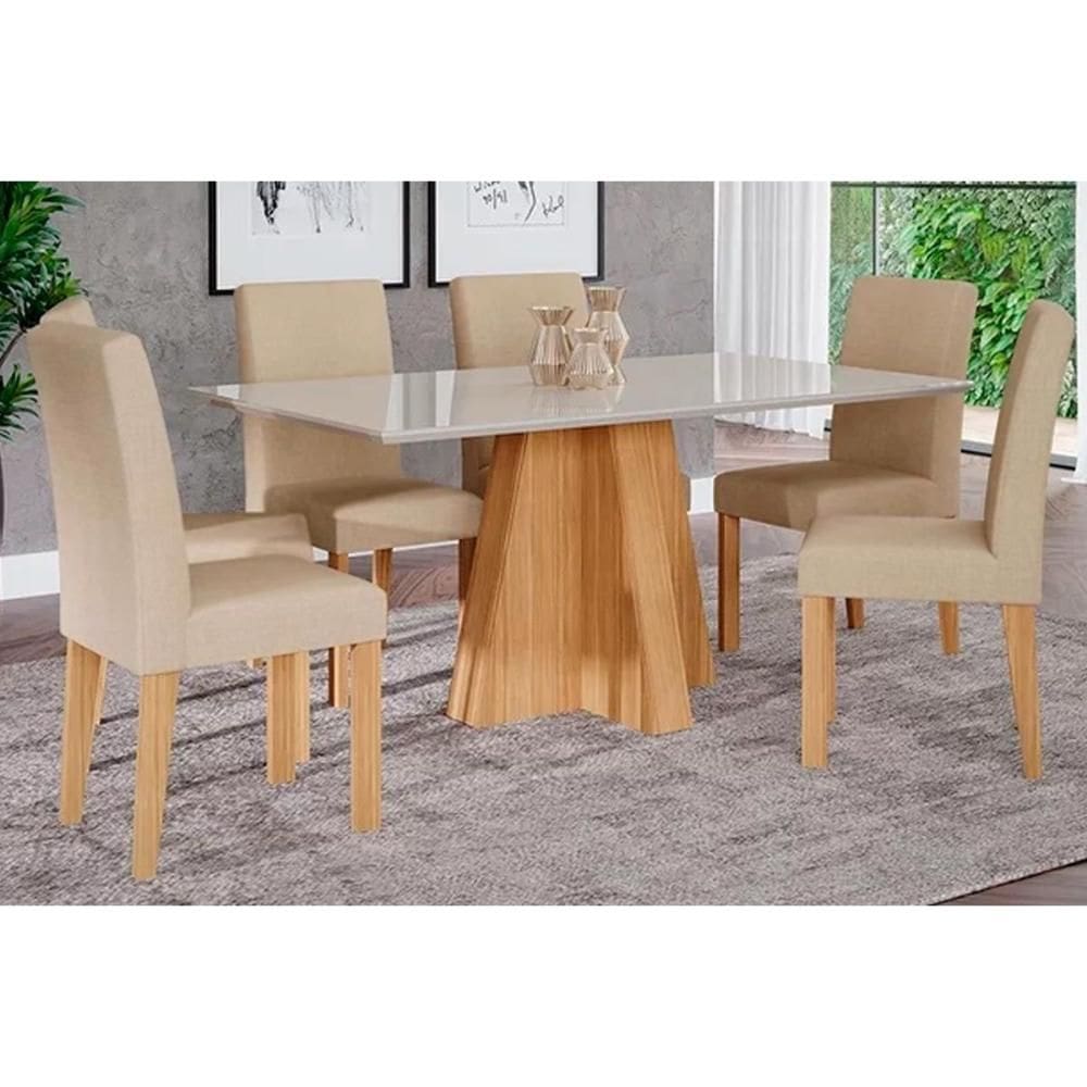 Conjunto: Mesa de Cozinha Patricia c/ Tampo Madeirado c/ Vidro Canto Reto 160x80m e 6 Cadeiras Maia Cinamomo/Suede Gengibre Bege - Cimol