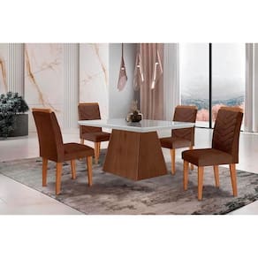 Conjunto: Mesa de Cozinha Luna c/ Tampo Madeirado c/ Vidro Canto Curvo 120x80cm e 4 cadeiras Londrina Imbuia/Off White - Suede Marrom - Rufato