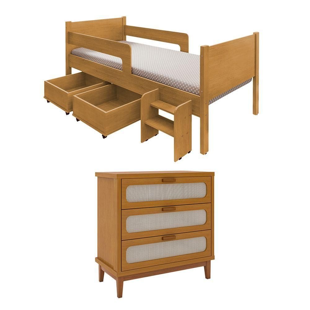Kit Quarto Infantil Cama Luna Com Organizador Escada E Cômoda Isa - Nature - Bege