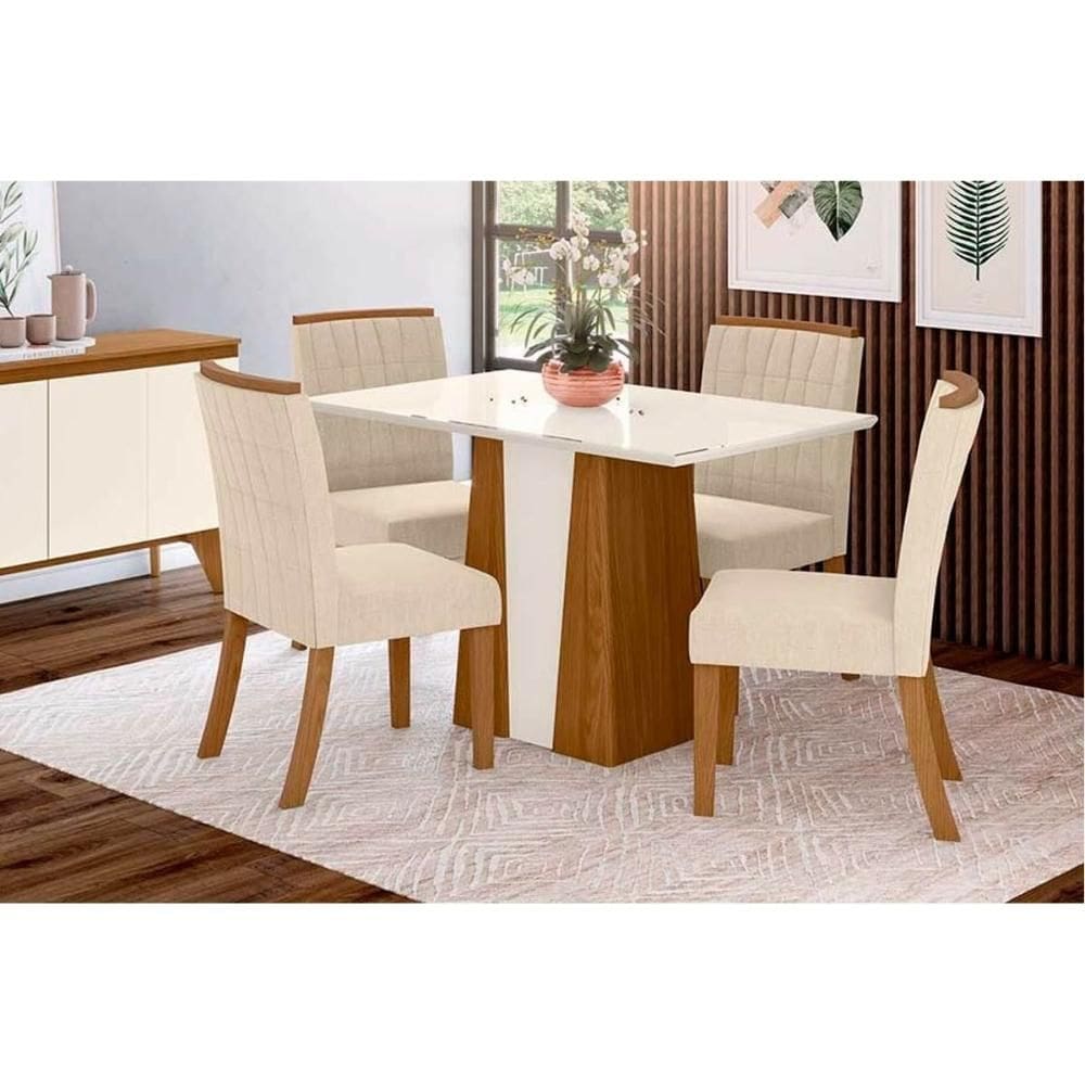 Conjunto: Mesa Sala Jantar Orus c/ Tampo Madeirado 120x80cm e 4 Cadeiras Tauá Nature/Off White - Linho Bege - Henn