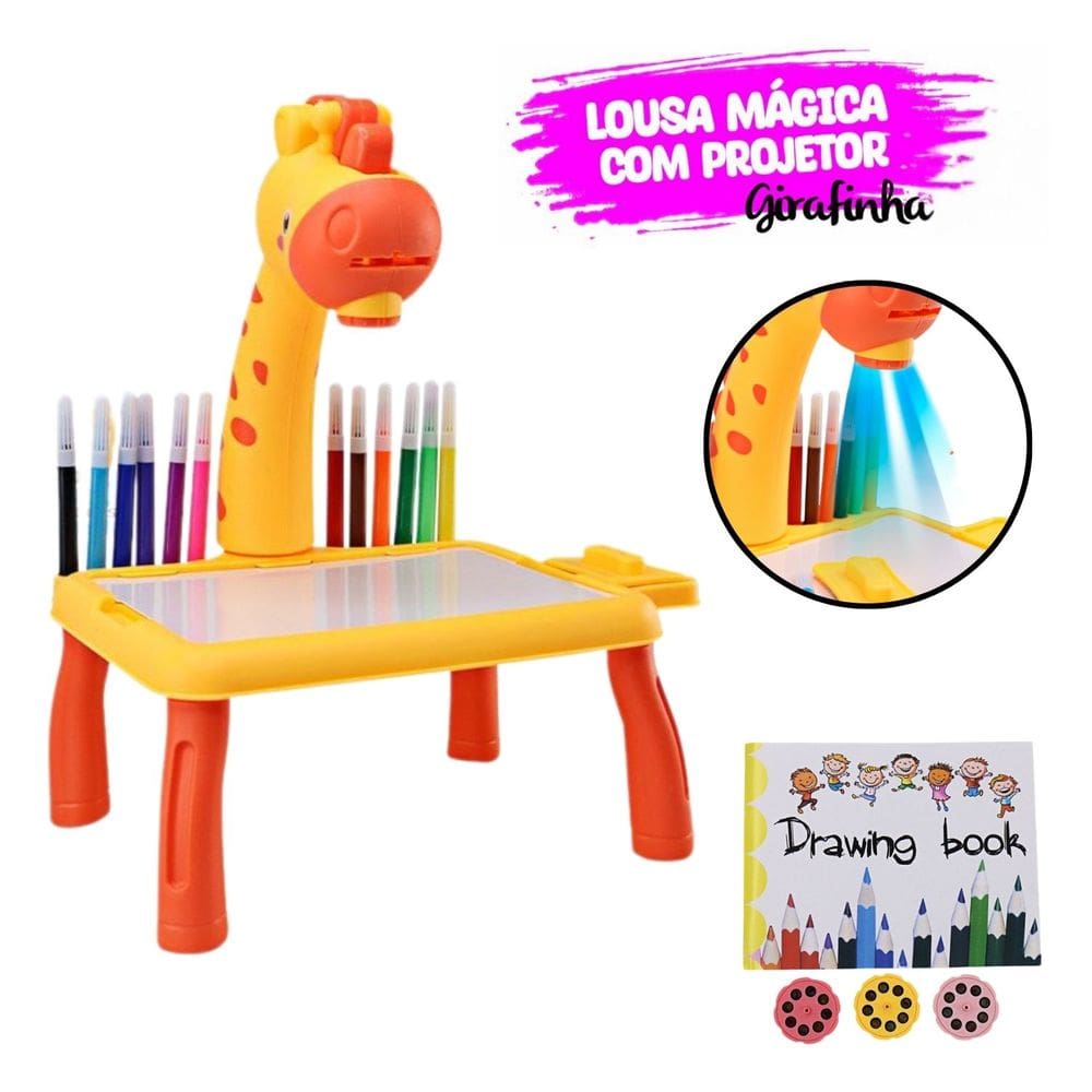 Lousa Mágica Girafa Amarela Explore 24 Desenhos Diferentes com Canetinhas e um Livro para Desenhar na Mesinha Didática