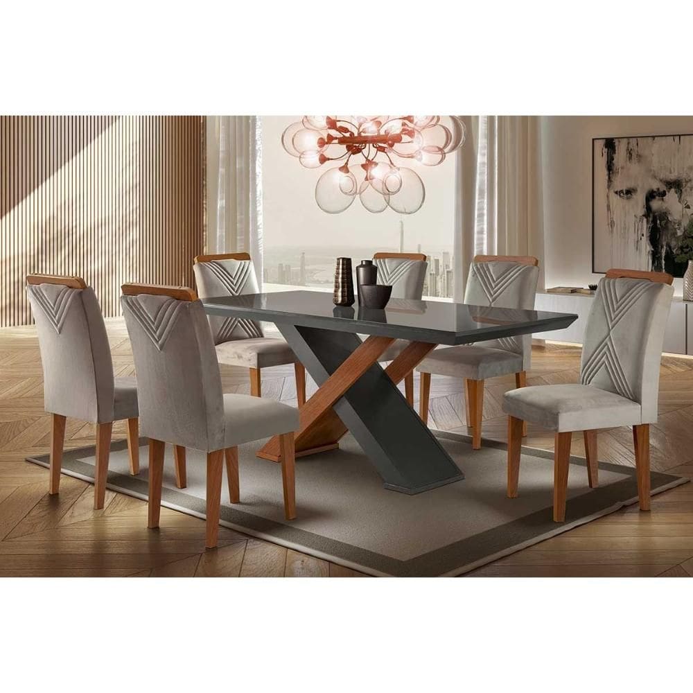 Conjunto: Mesa de Cozinha Imperatriz Tampo Madeirado c/ Vidro Reto 180x90 e 6 Cadeiras Amsterdã Imbuia/Grafite - Suede Creme - Rufato
