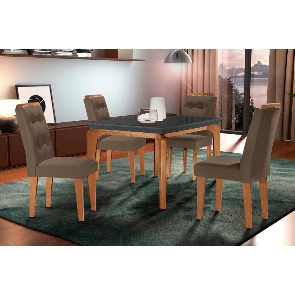 Conjunto: Mesa de Cozinha Londrina c/ Tampo Madeirado c/ Vidro Canto Reto 120x80cm e 4 cadeiras Imperatriz Imbuia/Grafite - Suede Capuccino - Rufato