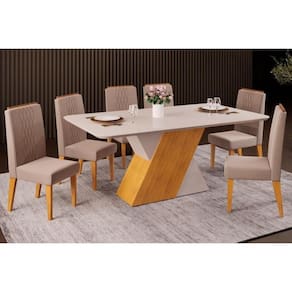Conjunto: Mesa de Cozinha Rubi Tampo Madeirado c/ Vidro Curvo 170x90cm e 6 Cadeiras Lia Cedro/Off White/Off White - Suede Kraft - DJ Móveis