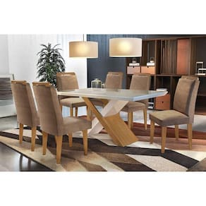 Conjunto: Mesa de Cozinha Imperatriz Tampo Madeirado c/ Vidro Canto Reto 180x90cm e 6 Cadeiras Athenas Imbuia/Suede Capuccino - Rufato