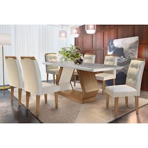 Conjunto: Mesa de Cozinha Alvorada Tampo Madeirado c/ Vidro Canto Reto 180x90cm e 6 Cadeiras Imperatriz Capuccino/Suede Creme - Rufato
