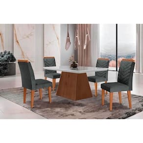 Conjunto: Mesa de Cozinha Luna c/ Tampo Madeirado c/ Vidro Canto Curvo 120x80cm e 4 cadeiras Londrina Imbuia/Off White - Suede Grafite - Rufato