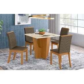 Conjunto: Mesa de Cozinha Vértice Tampo Madeirado c/ Vidro 90x90cm e 4 Cadeiras Isa Nature/Suede Light Bege - Henn