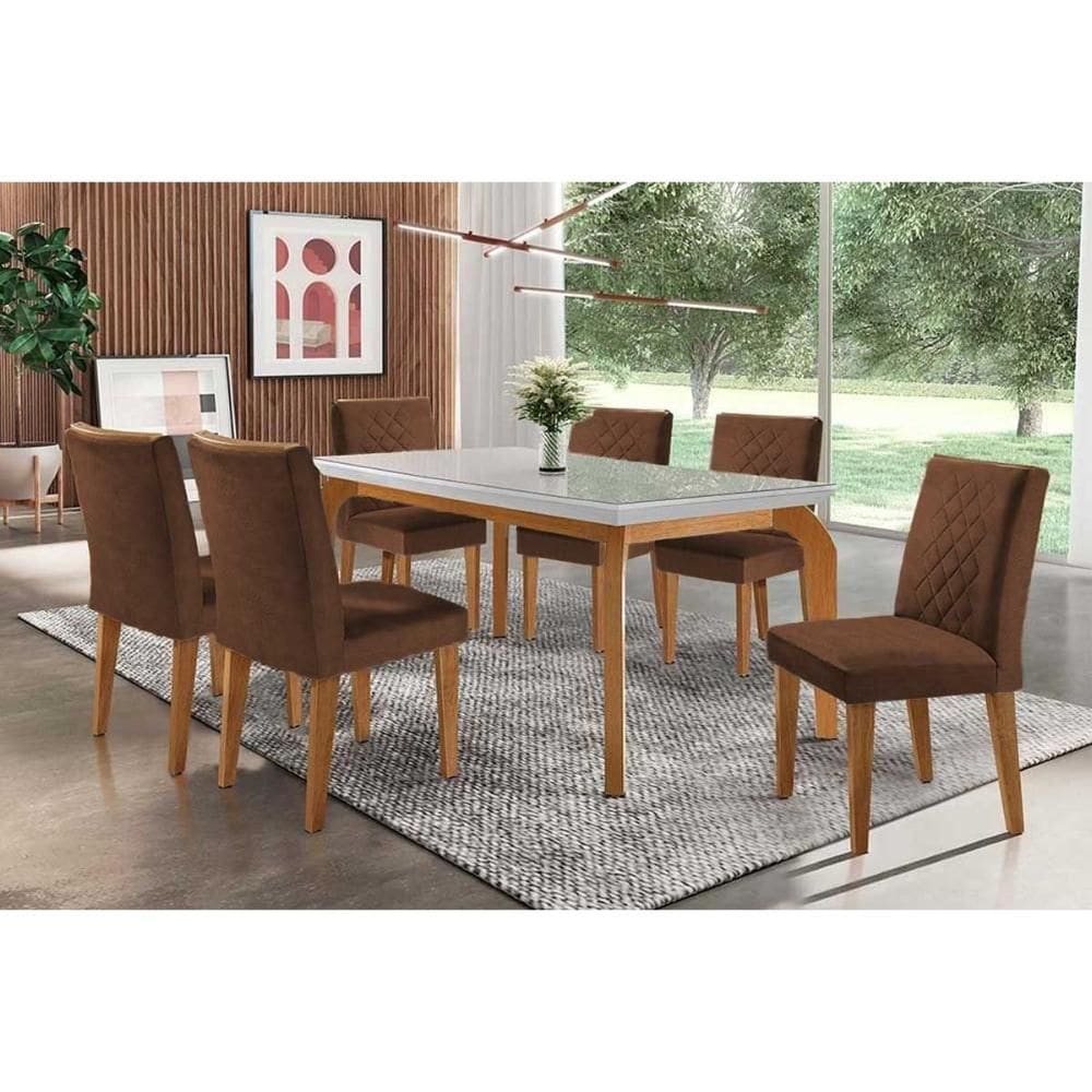 Conjunto: Mesa de Cozinha Londrina c/ Tampo Madeirado c/ Vidro Canto Reto 180x90cm e 6 cadeiras Jade Imbuia-Capuccino/Suede Marrom - Rufato