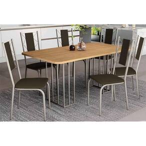 Conjunto: Mesa de Cozinha Duina c/ Tampo de Madeira 160cm e 6 Cadeiras Lisboa Niquel/Freijo - Courano Marrom - Kappesberg