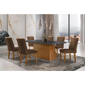 Conjunto: Mesa de Cozinha Luna c/ Tampo de Vidro Canto Curvo 180x90cm e 6 cadeiras Londrina Imbuia/Grafite - Suede Marrom - Rufato