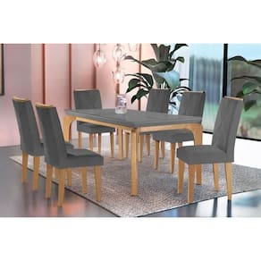 Conjunto: Mesa de Cozinha Londrina c/ Tampo Madeirado c/ Vidro Canto Curvo 180x90cm e 6 cadeiras Amsterdã Imbuia/Grafite - Suede Grafite - Rufato