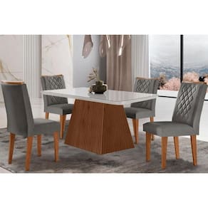 Conjunto: Mesa de Cozinha Luna c/ Tampo Madeirado c/ Vidro Canto Curvo 120x80cm e 4 cadeiras Jade Imbuia/Off White - Suede Grafite - Rufato