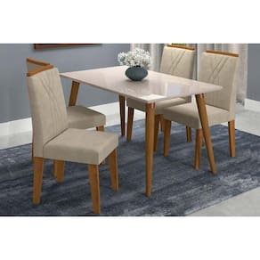 Conjunto: Mesa de Cozinha Adele Madeira Maciça Tampo Madeirado c/ Vidro 130X80cm e 4 Cadeiras Nicole Madeirado/Off White- Suede Nude Bege - Cimol