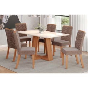 Conjunto: Mesa de Cozinha Lins c/ Tampo Madeirado Reto 160x90cm e 6 Cadeiras Esther Nature/Linho Cacao - Henn