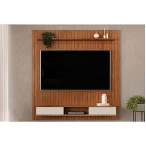 Painel Quarto p/ TV até 70 Polegadas Lexus Ripado c/ Prateleira e Nichos179x183cm Freijó/Off White - DJ Móveis
