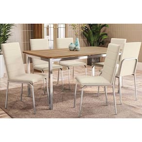 Conjunto: Mesa de Cozinha Reno c/ Tampo de Madeira 160cm e 6 Cadeiras Amsterdã Cromada/Nude 16 - Kappesberg