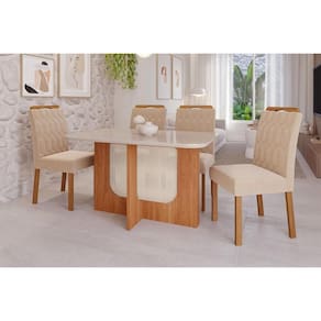 Conjunto: Mesa de Cozinha Louise Tampo Madeirado c/ Vidro 130x80cm e 4 Cadeiras Paola Cinamomo/Off White - Savana/Nature-Suede Nude - Cimol