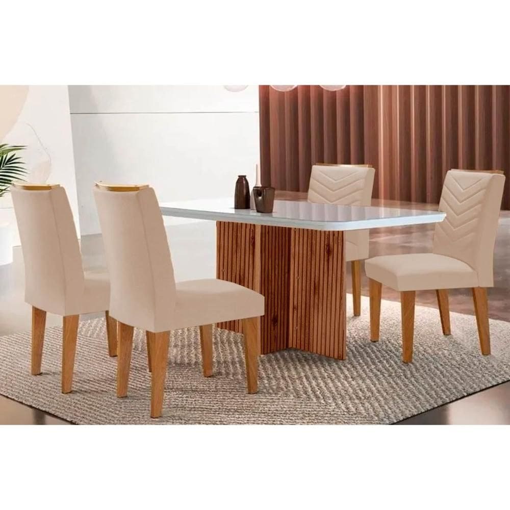 Conjunto: Mesa de Cozinha Berlim c/ Tampo Madeirado Vidro Canto Curvo 120x80cm e 4 Cadeiras Londrina Imbuia/Off White - Suede Creme - Rufato