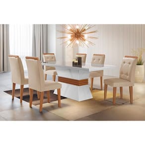Conjunto: Mesa de Cozinha Ágata Tampo Madeirado c/ Vidro Canto Reto 120x80cm e 4 Cadeiras Imperatriz Capuccino/Suede Creme - Rufato