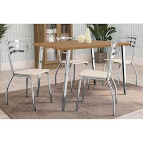 Conjunto: Mesa de Cozinha Iguaçu c/ Tampo de Madeira 136cm e 4 Cadeiras Portugal Cromada/Nogueira - Courano Branco - Kappesberg