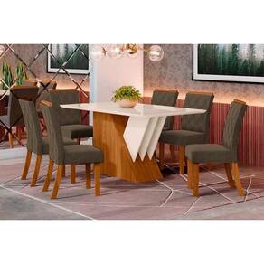 Conjunto: Mesa de Cozinha Épic SC24 Tampo Madeirado c/ Vidro Canto Curvo 160x90cm e 6 Cadeiras Vita Nature/Suede Light Bege - Henn