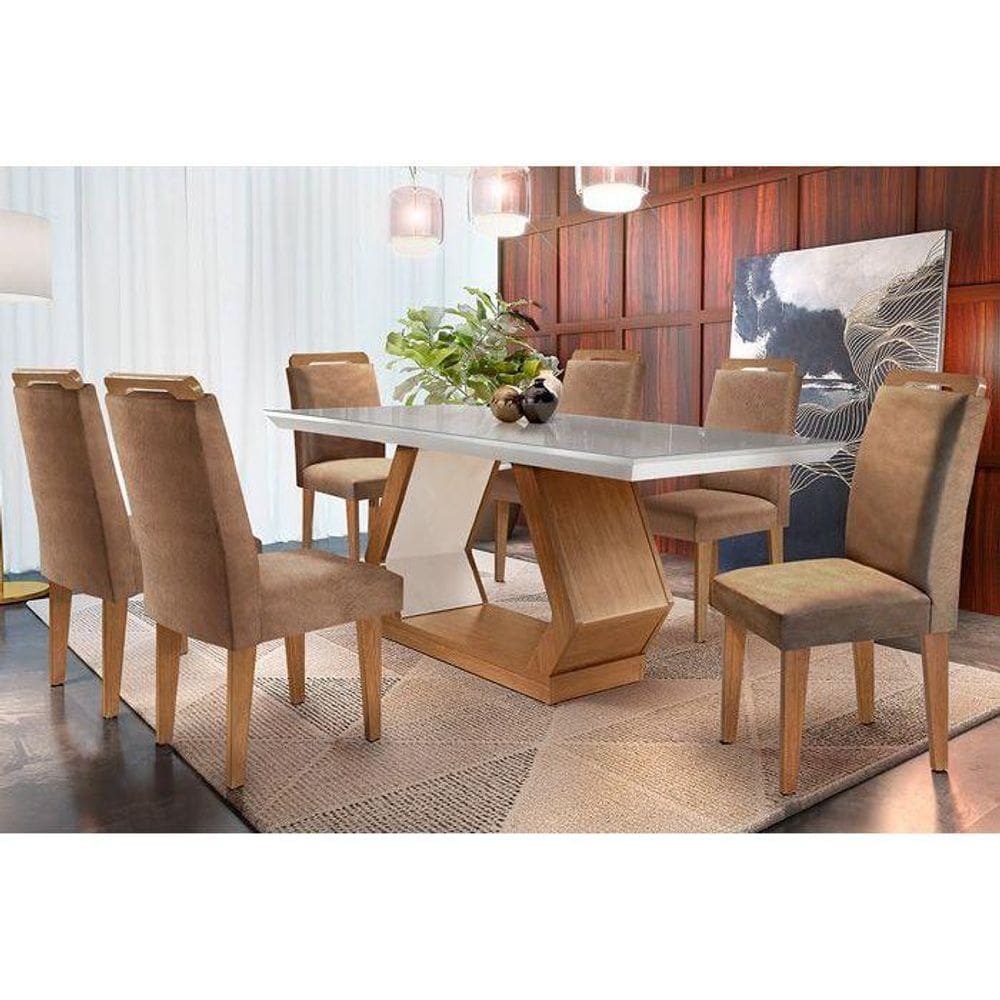 Conjunto: Mesa de Cozinha Alvorada Tampo Madeirado c/ Vidro Reto 180x90cm e 6 Cadeiras Athenas Capuccino/Suede Capuccino - Rufato