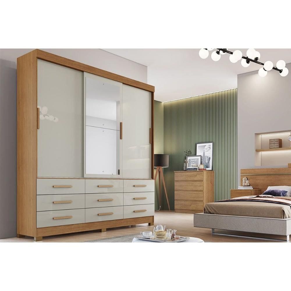 Guarda Roupa 3 Portas (1 c/ Espelho) e 9 Gavetas Buriti/Jequitibá Cumaru/Fendi - Novo Horizonte