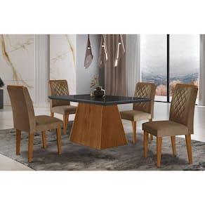 Conjunto: Mesa de Cozinha Luna c/ Tampo Madeirado c/ Vidro Canto Curvo 120x80cm e 4 cadeiras Jade Imbuia/Grafite - Suede Capuccino - Rufato